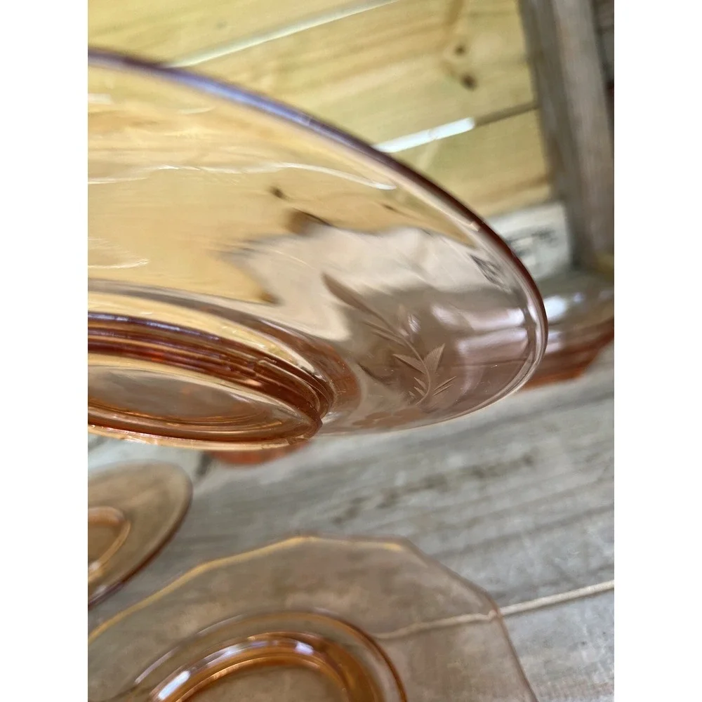 Vintage Pink Depression Glassware Floral Etching‎ Small Plates, Butter Dish,bowl